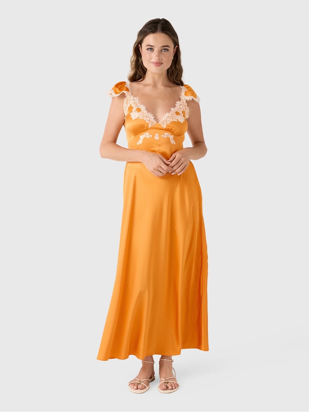 Doen Fiona 100% Silk Tangerine Bias Cut Maxi Dress with Cream Lace Trim